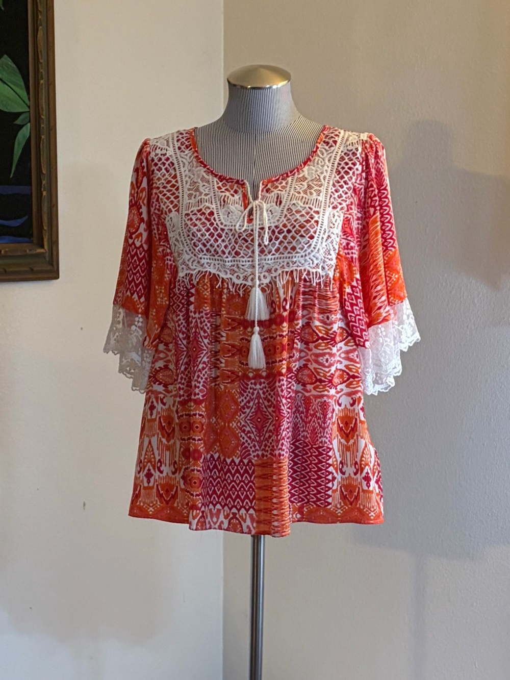 Zac & Rachel Coral and White Lace-Trim Peasant Blouse